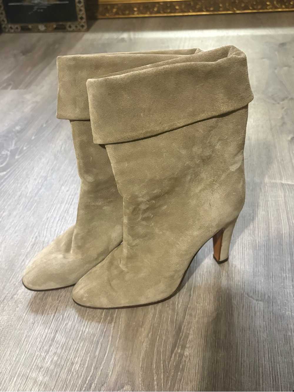 Sergio Rossi Fold-Over Suede Mid-Calf Boots in Taupe